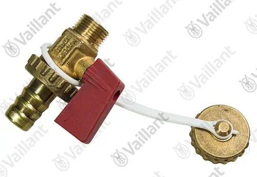 Vaillant Entleerungsventil mit Metallanschluss und rotem Sicherheitsverschluss, kombiniert mit einem Befestigungsring und einem Gewindeanschluss.